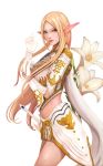  1girl blonde_hair blue_eyes breasts elf elf_(lineage_2) flower gloves highres lineage lineage_2 long_hair medium_breasts midriff navel pointy_ears pop721119 simple_background solo sword very_long_hair weapon white_background white_flower white_gloves 