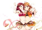  2girls :d absurdres ahoge arabian_clothes arm_around_waist arm_up armlet armpits bangs blush braid clenched_hand crop_top detached_sleeves earrings grin groin hair_over_shoulder head_chain highres jewelry kougi_hiroshi long_hair looking_at_viewer love_live! love_live!_sunshine!! multiple_girls navel necklace open_mouth orange_hair outstretched_hand petals red_eyes red_hair sakurauchi_riko sash see-through_sleeves short_hair showgirl_skirt single_braid sleeveless smile takami_chika white_background yellow_eyes yuri 