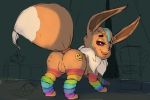  all_fours anus bedroom_eyes black_nose brown_fur butt chest_tuft clitoris clothing dipstick_tail ears_up eevee female feral fluffy fluffy_tail fur gela-g-i-s-gela hair_highlights half-closed_eyes legwear long_ears looking_at_viewer looking_back multicolored_clothing multicolored_legwear multicolored_stockings multicolored_tail nintendo open_mouth pok&eacute;mon pok&eacute;mon_(species) presenting presenting_hindquarters presenting_pussy pussy rainbow_clothing rainbow_legwear rainbow_stockings raised_tail rear_view red_eyes seductive sketch_background snout solo sticker stockings teeth tongue tuft unfinished video_games white_fur 