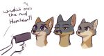  2019 ambiguous_gender anthro ava_(zootopia) blue_eyes bodily_fluids brown_eyes canid canine cheek_tuft dialogue english_text flying_sweatdrops fox fuel_(artist) grey_fox group gun half-closed_eyes handgun head_tuft hi_res holding_object holding_pistol holding_weapon humor inner_ear_fluff lineup mammal neck_tuft pistol ranged_weapon simple_background smile summer_(hydra) sweat sweatdrop swift_fox taylor_(fuel) teal_eyes text tuft urocyon weapon white_background 