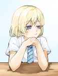  1girl araburu_kisetsu_no_otome-domo_yo. blonde_hair blue_eyes blue_neckwear blush elbows_on_table hands_together indoors jindai3663 looking_to_the_side necktie school_uniform shirt short_hair short_sleeves smirk solo sugawara_niina white_shirt 