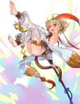  1girl :d ahoge andira_(granblue_fantasy) animal_ears barefoot blonde_hair detached_sleeves full_body granblue_fantasy kobato_neneko leotard looking_at_viewer monkey_ears monkey_tail multicolored multicolored_background open_mouth red_eyes see-through short_hair short_twintails smile solo staff tail thighhighs twintails white_legwear white_leotard white_sleeves 