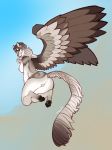  anthro breasts butt faint feathered_wings feathers felid feline female hybrid looking_back mammal nipples nude pussy simple_background solo wings 