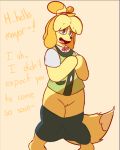  amphydamph animal_crossing clothing dialogue embarrassed female isabelle_(animal_crossing) looking_at_viewer mammal nintendo pussy solo video_games 
