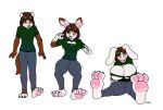  2018 anthro barefoot big_breasts blackshirtboy blue_eyes blush bodily_fluids bottomwear breast_expansion breasts brown_hair canid canine canis clothing domestic_dog female hair jeans lagomorph leporid long_hair mammal pants pawpads rabbit sequence shirt simple_background sitting solo species_transformation standing surprise sweat sweatdrop thick_thighs topwear torn_clothing transformation white_background willow_chambers 