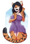  2019 alpha_channel anthro black_hair breasts brown_eyes cute_fangs embarrassed felid female fog hair hi_res julia_(waffl3sk4t) kdhynamo looking_at_viewer mammal markings open_mouth pantherine simple_background solo tiger towel 