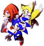  2013 anthro blue_eyes canid canine clothing dipstick_tail echidna eulipotyphlan footwear fox fur gloves green_eyes group handwear hedgehog knuckles_the_echidna male mammal miles_prower monotreme multicolored_tail purple_eyes simple_background smile sonic_(series) sonic_the_hedgehog syesye996 video_games white_fur yellow_fur 