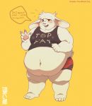  &lt;3 anthro belly belly_overhang big_belly blush bodily_fluids chubby_cheeks dialogue floopycatwalk flying_sweatdrops fur hi_res lagomorph leporid male mammal midriff moobs navel obese obese_male open_mouth open_smile overweight overweight_male owo rabbit shy simple_background smile solo speech_bubble standing sweat sweatdrop thick_thighs white_fur yellow_background 