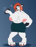  ? anthro big_breasts breasts canid canine carifoxleopard clothed clothing female hi_res huge_breasts mammal nipples open_shirt simple_background solo standing surprise 