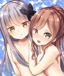  2girls bang_dream! bangs blush breasts brown_hair butterfly_hair_ornament commentary_request frown green_eyes grey_hair hair_ornament hair_over_breasts half_updo hand_on_another&#039;s_shoulder highres imai_lisa long_hair looking_at_viewer minato_yukina multiple_girls nude open_mouth petals small_breasts tukiyofree upper_body yellow_eyes 