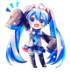  1girl :3 :d absurdly_long_hair ahoge bangs black_footwear black_skirt blue_eyes blue_hair boots chibi detached_sleeves fang frilled_shirt frilled_shirt_collar frills grey_shirt hair_between_eyes hatsune_miku heart_ahoge highres long_hair looking_at_viewer notice_lines open_mouth pleated_skirt shirayuki_towa shirt simple_background skirt sleeves_past_fingers sleeves_past_wrists smile solo star thigh_boots thighhighs very_long_hair vocaloid white_background 