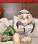  anthro bed brown_eyes brown_fur clothed clothing digital_media_(artwork) disney edit eyelashes female food fur grummancat hair hi_res human jackie_hopps_(grummancat) lagomorph leporid mammal military panties photo_manipulation rabbit underwear uniform white_hair zootopia 