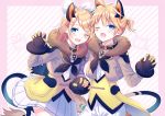  1boy 1girl animal_ears bangs belt blonde_hair blue_eyes bow claw_pose collar commentary diamond_(shape) facial_tattoo fang forehead-to-forehead frilled_shirt frills fur-trimmed_jacket fur_trim gloves hair_bow hair_ornament hairclip hand_up jacket kagamine_len kagamine_rin kashiwabara_en lion_ears neckerchief one_eye_closed open_mouth pants shirt short_hair short_ponytail siblings skirt smile spiked_hair striped striped_background swept_bangs tattoo twins upper_body vest vocaloid white_bow white_pants white_skirt 