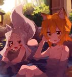  2girls animal_ear_fluff animal_ears bangs blonde_hair blush commentary facial_mark fang fox_ears fox_girl fox_tail hair_between_eyes light_rays long_hair looking_at_viewer multiple_girls nude onsen open_mouth outdoors partially_submerged red_eyes rimukoro rock senko_(sewayaki_kitsune_no_senko-san) sewayaki_kitsune_no_senko-san shiro_(sewayaki_kitsune_no_senko-san) short_hair skin_fang smile sunbeam sunlight tail thick_eyebrows water white_hair yellow_eyes 