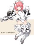  1girl :d aikawa_aika alice_gear_aegis armpit_crease bangs bare_shoulders blush breasts brown_background commentary_request copyright_name elbow_gloves eyebrows_visible_through_hair full_body gloves grey_legwear groin gun headgear highres holding holding_gun holding_weapon karukan_(monjya) leotard looking_at_viewer mecha_musume open_mouth pink_hair purple_eyes small_breasts smile solo thighhighs two-tone_background weapon white_background white_gloves white_leotard 