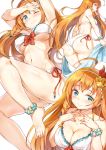  1girl ahoge ankle_scrunchie arm_up armpits ass bangs bare_shoulders barefoot bikini blue_eyes blush breasts cleavage closed_mouth collarbone feet hair_between_eyes hair_ribbon hairband large_breasts legs long_hair looking_at_viewer miazi multiple_views navel one_eye_closed orange_hair pecorine princess_connect! princess_connect!_re:dive ribbon scrunchie smile solo swimsuit thighs towel white_bikini wrist_scrunchie 