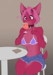  &lt;3 2019 anthro beverage big_breasts bottomwear breasts chair chiropteran clothing collar drinking female food foxboy83 fruit hair hi_res horn kullax mammal navel pink_eyes pink_hair plant short_hair shorts simple_background sitting smile solo strawberry table 