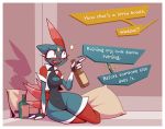  alcohol anthro beer beverage blush breasts cleavage cleavage_cutout clothed clothing drunk english_text female hi_res legwear lips lying mammal mustela mustelid musteline nintendo pok&eacute;mon pok&eacute;mon_(species) r-mk skinny slim small_breasts sneasel solo speech_bubble stockings substance_intoxication text thigh_highs video_games 