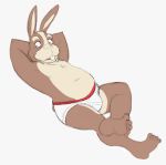  2016 5_toes anthro barefoot briefs buckteeth bulge clothed clothing crossed_legs feet hands_behind_head hare hindpaw humanoid_feet lagomorph leporid looking_away lying male mammal mature_male nintendo old on_back paws peppy_hare pinup plantigrade pose reclining simple_background slightly_chubby solo star_fox teeth thegreatmatsutzu tighty_whities toes topless underwear video_games white_background 