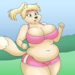  1:1 anthro big_breasts bodily_fluids breasts canid canine canis cleavage clothed clothing domestic_dog exercise female hi_res jiggle lordstormcaller mammal obese overweight overweight_female solo sweat 