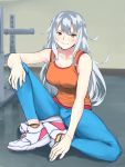  1girl alternate_costume bare_shoulders blurry blurry_background commentary_request exercise_machine gangut_(kantai_collection) grey_hair gymnasium highres kantai_collection long_hair orange_eyes orange_shirt pants shingyo shirt shoes sitting_on_floor sneakers solo sweatpants tank_top training_room 
