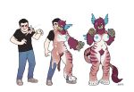  2018 annaisha_(skacoon) anthro avian beak black_hair blackshirtboy blue_eyes bottomwear breast_growth breasts clothing digitigrade feathers female footwear gender_transformation goo_transformation gryphon hair human human_to_anthro jeans male mammal mtf_transformation naturally_censored navel nipples nude one_eye_closed pants pubes sequence shirt shoes short_hair simple_background solo species_transformation standing surprise topwear transformation white_background 