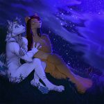  1:1 2019 4_toes 5_fingers angiewolf anthro black_nose breasts canid canine canis detailed_background duo felid female fingers grass hand_holding lion male mammal night nude outside pantherine sitting sky star starry_sky toes wolf 