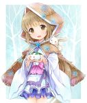  1girl :d animal animal_on_shoulder blush border brown_eyes brown_hair bunny cupping_hands eyebrows_visible_through_hair furisode head_tilt hood idolmaster idolmaster_cinderella_girls japanese_clothes kimono looking_at_viewer obi open_mouth outside_border ratryu sash silhouette smile snow_bunny snowflakes solo standing tree yorita_yoshino 