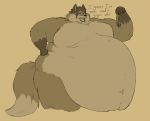  anthro belly belly_overhang big_belly canid canine chubby_cheeks colin_(artist) collar dialogue fox fur hand_on_hip holding_object love_handles male mammal monochrome moobs morbidly_obese navel nude obese obese_male open_mouth overweight overweight_male sepia solo thick_thighs 
