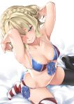  1girl alternate_costume arched_back armpits asymmetrical_legwear bangs bare_shoulders bed_sheet bikini black_legwear blonde_hair blue_eyes blush breasts cleavage colorado_(kantai_collection) commentary_request ebifurya eyebrows_visible_through_hair eyes_visible_through_hair from_above front-tie_top highres kantai_collection large_breasts navel pink_lips short_hair side-tie_bikini side_braids skindentation smile solo swimsuit thighhighs thighs two-tone_bikini 