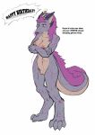  2019 anthro biobasher birthday breasts crossed_arms dialogue digitigrade dragon female hair hi_res horn navel nipples nude pink_hair pussy simple_background solo watdurgon white_background 