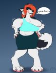  anthro big_breasts breasts canid canine carifoxleopard clothed clothing female huge_breasts mammal nipple_outline russian_text simple_background solo standing text 