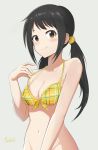  1girl absurdres bikini bikini_top black_hair breasts brown_eyes cleavage collarbone front-tie_bikini front-tie_top highres idolmaster idolmaster_cinderella_girls long_hair looking_at_viewer low_twintails medium_breasts nakano_yuka navel oscar_08 signature simple_background smile solo swimsuit twintails upper_body 