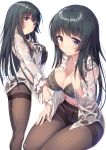  absurdres bang_dream! black_hair black_legwear black_panties blush bow bow_panties bra brown_eyes crotch_seam gusset highres long_hair nasudora open_clothes open_shirt panties panties_under_pantyhose pantyhose roselia_(bang_dream!) shirokane_rinko shirt thighband_pantyhose underwear wet wet_clothes wet_shirt 