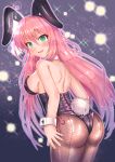  1girl :d animal_ears ass back bangs bare_arms bare_shoulders black_leotard blush breasts brown_legwear bunny_day bunny_ears bunny_tail bunnysuit cocoasabure cowboy_shot detached_collar fake_animal_ears fake_tail fishnet_pantyhose fishnets green_eyes hair_between_eyes hairband highres leaning_forward leotard long_hair looking_at_viewer looking_back medium_breasts open_mouth original pantyhose pink_hair smile solo sparkle standing tail very_long_hair wrist_cuffs 