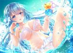  1girl bare_shoulders bikini blue_eyes blue_hair bow bracelet breasts breasts_apart collarbone cup drinking_glass drinking_straw emori_miku emori_miku_project floating_hair flower frilled_bikini frills front-tie_bikini front-tie_top hair_bow halter_top halterneck hibiscus holding holding_cup jewelry large_breasts long_hair looking_at_viewer navel parted_lips sakura_moyon smile solo swimsuit tropical_drink very_long_hair water white_bikini white_bow yellow_flower 