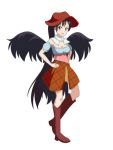  1girl :d bandana bare_shoulders black_hair black_wings blue_shirt blush boots breasts brown_footwear brown_headwear brown_skirt cato_(monocatienus) cleavage commentary_request cowboy_hat feathered_wings full_body hat kurokoma_saki long_hair looking_at_viewer medium_breasts miniskirt off-shoulder_shirt off_shoulder open_mouth plaid plaid_skirt ponytail puffy_short_sleeves puffy_sleeves red_eyes shirt short_sleeves simple_background skirt smile solo standing touhou unmoving_pattern v-shaped_eyebrows very_long_hair white_background wings 