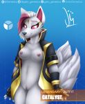  2019 2_tails absurd_res anthro bottomless breasts canid canine catalyst_(fortnite) clothed clothing digital_media_(artwork) epic_games female fortnite fox fur gatogenerico gloves hair handwear hi_res looking_at_viewer makeup mammal multi_tail nipples nude pussy smile solo topless underwear video_games white_fur 