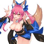  1girl animal_ear_fluff animal_ears bangs bare_shoulders blue_bow blue_kimono blush bottomless bow breasts breasts_outside dean detached_sleeves fate/extra fate_(series) fox_ears fox_girl fox_shadow_puppet fox_tail hair_between_eyes hair_bow highres japanese_clothes kimono large_breasts long_hair looking_at_viewer nipples obi open_clothes open_kimono open_mouth pink_hair sash short_kimono sidelocks simple_background smile solo tail tamamo_(fate)_(all) tamamo_no_mae_(fate) thighs twintails white_background wide_sleeves yellow_eyes 