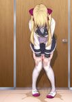  1girl bangs bathroom bent_over black_skirt blonde_hair breasts commentary_request door frilled_skirt frills full_body hair_ribbon hands_on_own_knees highres indoors jacket knees_together_feet_apart long_hair maanii medium_breasts miniskirt nijisanji peeing peeing_self pigeon-toed puddle purple_footwear purple_ribbon ribbon school_uniform shiny shiny_hair shirt shoes skindentation skirt solo standing steam takamiya_rion thighhighs tied_hair twintails wet wet_clothes white_jacket white_neckwear white_shirt 