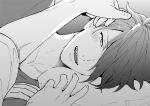  1boy akuno_hideo blush collarbone gradient gradient_background greyscale hair_over_one_eye idolmaster idolmaster_side-m long_sleeves looking_at_viewer lying male_focus monochrome on_side petting pillow pillow_hug pov sharp_teeth sokka_(kbs) solo_focus teeth under_covers 