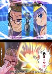  1boy 1girl :q adjusting_eyewear chen_gong_(fate) closed_eyes disgaea explosion fate/grand_order fate_(series) gameplay_mechanics glasses highres meltryllis meltryllis_(swimsuit_lancer)_(fate) mentaiko_mamire tongue tongue_out translation_request 