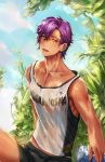  1boy can covered_navel dark_skin dark_skinned_male day ensemble_stars! highres holding holding_can looking_at_viewer male_focus mucuzi otogari_adonis outdoors purple_hair see-through short_hair sitting sleeveless smile soda_can solo upper_body yellow_eyes 