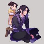 2boys black_hair braiding_hair child collabel_(amy) crossed_legs facial_mark forehead_mark frown grey_background hairdressing jiang_cheng jin_ling long_hair long_sleeves male_focus mo_dao_zu_shi multiple_boys ponytail sidelocks sitting standing stool sweatdrop 