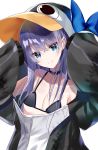  1girl bangs black_bikini_top black_jacket blue_eyes blue_ribbon blush breasts choker closed_mouth collarbone fate/grand_order fate_(series) hair_between_eyes hands_up highres hood jacket licking_lips long_hair long_sleeves looking_at_viewer meltryllis meltryllis_(swimsuit_lancer)_(fate) misumi_(macaroni) penguin_hood purple_hair ribbon simple_background sleeves_past_fingers sleeves_past_wrists small_breasts smile solo tongue tongue_out very_long_hair white_background 