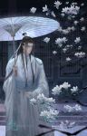  1boy artist_name black_hair closed_eyes flower headband holding holding_umbrella long_hair long_sleeves mo_dao_zu_shi oriental_umbrella solo standing umbrella very_long_hair wangji_lan watermark white_headband white_robe yun-afezeria 