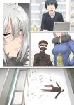  1girl 2boys ahoge bangs black_gloves black_hair black_shirt breasts broken_glass broken_window brown_pants closed_mouth dishwashing_soap expressionless faceless faceless_male fate/grand_order fate_(series) fur_trim ginhaha glass gloves grey_hair gun handgun hands_in_pockets hat jacket jeanne_d&#039;arc_(alter)_(fate) jeanne_d&#039;arc_(fate)_(all) large_breasts lying mask multiple_boys on_back open_mouth pants pocket shelf shirt shoes short_hair sunglasses sweat trembling weapon yellow_eyes 