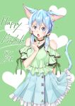  1girl :o absurdres animal_ears artist_request bare_shoulders black_choker blue_eyes blue_hair blush breasts cat_ears cat_tail choker commentary_request dated gem green_ribbon green_shirt hair_between_eyes happy_birthday heart highres looking_at_viewer medium_breasts ribbon shirt short_hair short_hair_with_long_locks sidelocks sinon_(sao-alo) skirt solo sword_art_online tail white_skirt 