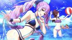  4girls :d armlet ball beachball bikini black_bikini blue_sky breasts brown_hair cleavage cloud collarbone day freyja_wion groin holding holding_ball innertube kaname_buccaneer long_hair lying macross macross_delta medium_breasts mikumo_guynemer mirage_farina_jenius multi-strapped_bikini multicolored_hair multiple_girls navel ocean on_stomach open_mouth outdoors pointy_ears ponytail purple_bikini purple_hair red_eyes red_hair shiny shiny_hair sideboob silver_hair sky smile sparkle swimsuit two-tone_hair underboob very_long_hair visor_cap wading wristband 