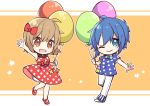  1boy 1girl ahoge balloon blue_eyes blue_hair blue_neckwear bow bowtie brown_hair chibi commentary dress hair_bow hand_up holding_balloon kaito mary_janes meiko one_eye_closed open_mouth orange_background outstretched_arm pants polka_dot polka_dot_dress polka_dot_shirt red_bow shirt shoes short_hair smile star vocaloid waving white_pants yoshiki 